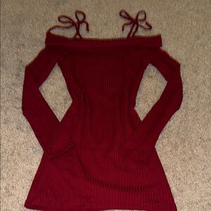 Off-Shoulder Ribbed Knit Mini Dress - Deep Wine Red
